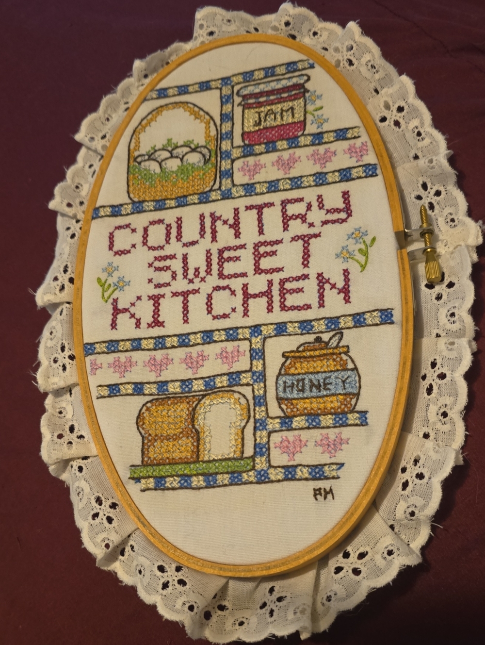 Embroidered 'Country Sweet Kitchen' Wall Hoop - Cream & Red